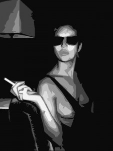 A woman showing her tits and smoking a cigarette at dinner