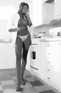 A sexy wife cooks topless in the kitchen
