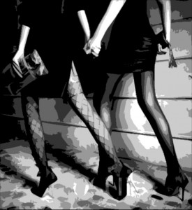 Two fantasy girls with perfect legs walk hand in hand
