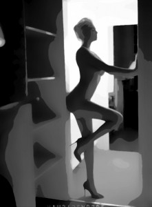 A woman nude in a doorway waiting for friends with benefits